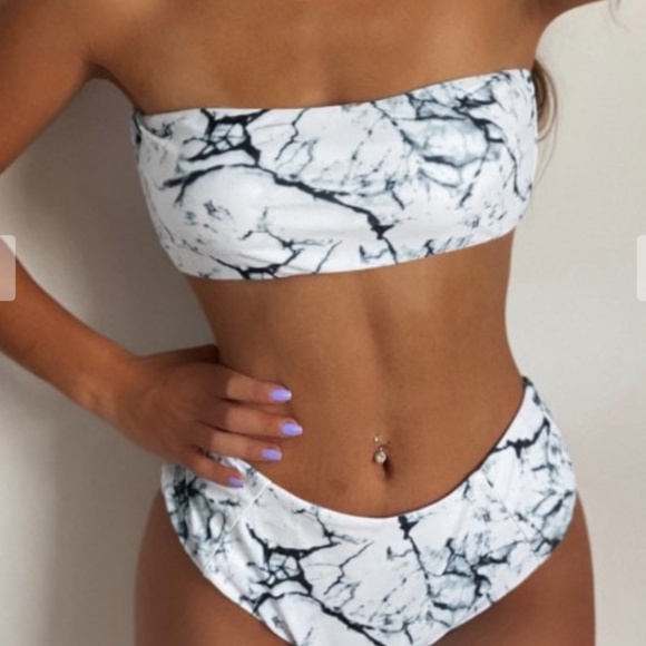 Marble Print High Waisted Bandeau Bikini Set - Picture 3 of 3
